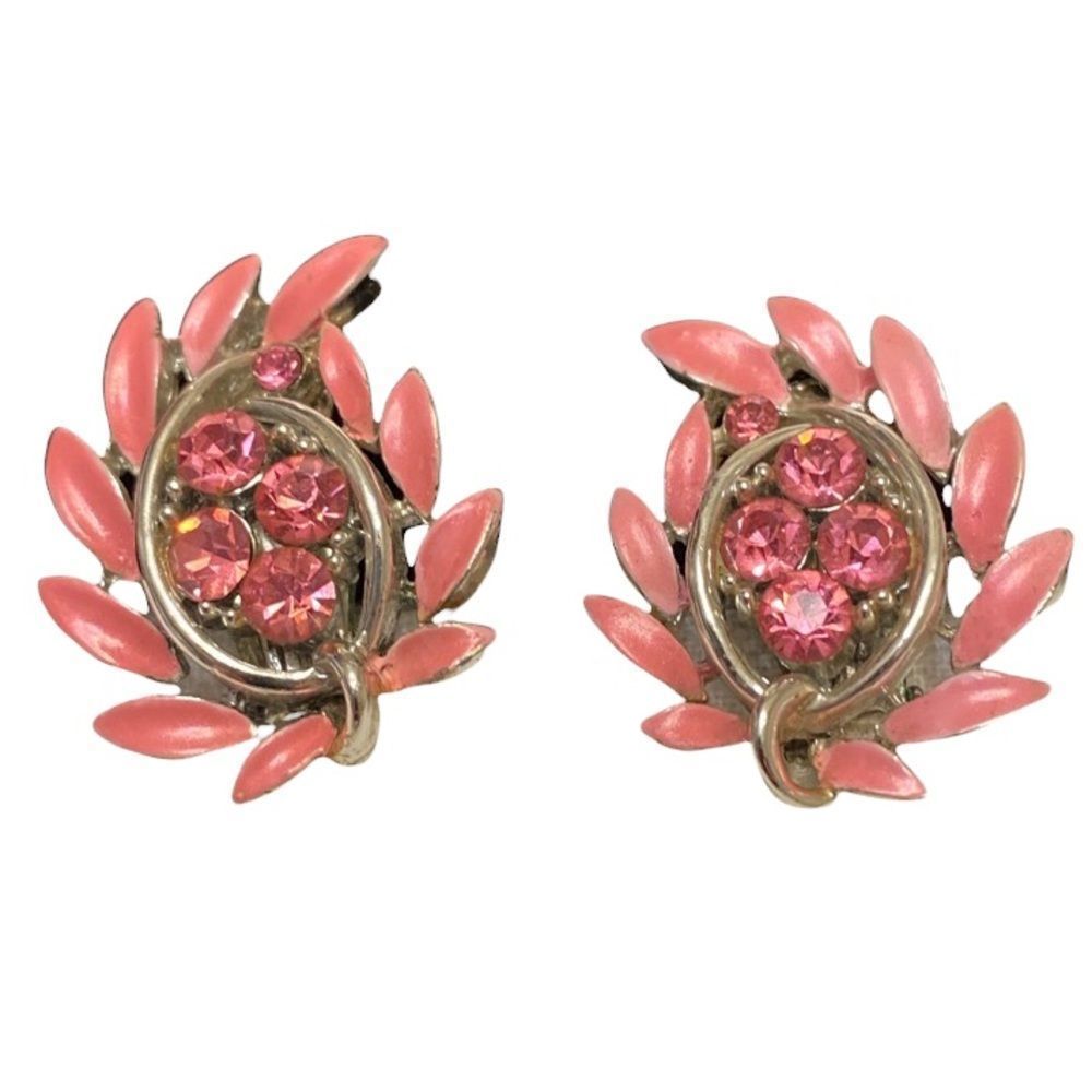 Vintage Lisner Pink Enamel And Rhinestone Clip On Earrings